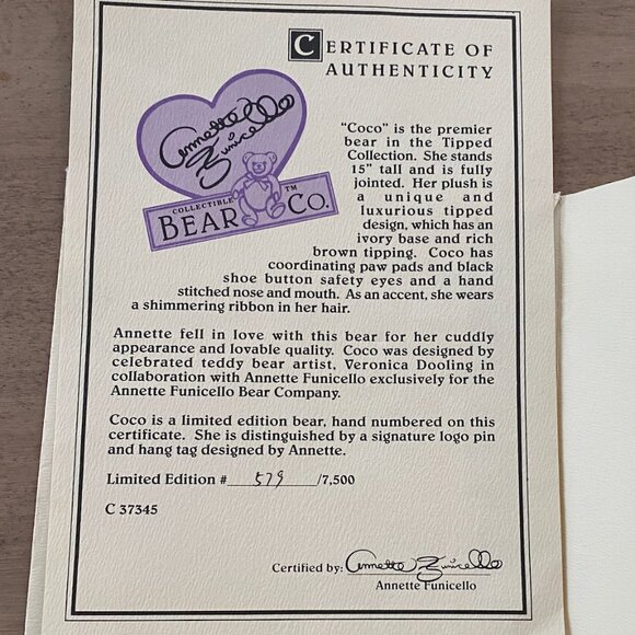 Annette Funicello Coco Bear ~15 inches tall.Vintage with certificate like New - Picture 8 of 8